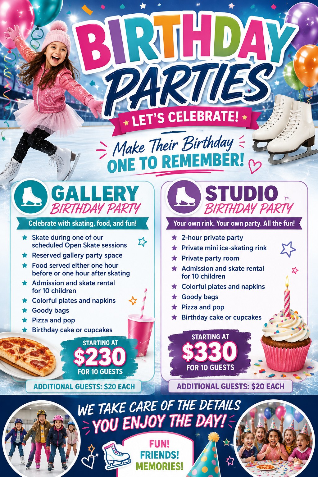 Birthday Parties at Brunswick Auto Mart Arena. Gallery Birthday Party starting at $230 for 10 guests: skating, reserved party space, food, plates and napkins, goody bags, pizza and pop, birthday cake or cupcakes. Studio Birthday Party starting at $330 for 10 guests: 2-hour private party, private mini ice rink, private party room, plus the same food and party extras. Additional guests $20 each for both packages.